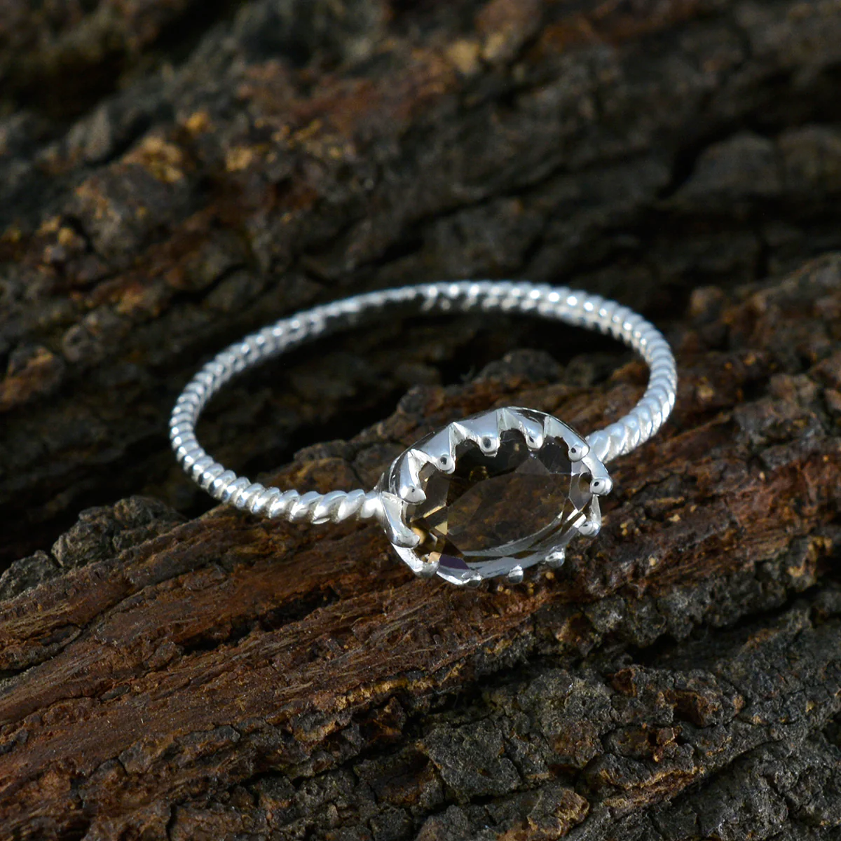 Smoky Quartz Solitaire American 92.5 Silver Brown Gems Elegant Twist Ring Jewelry - Image 4