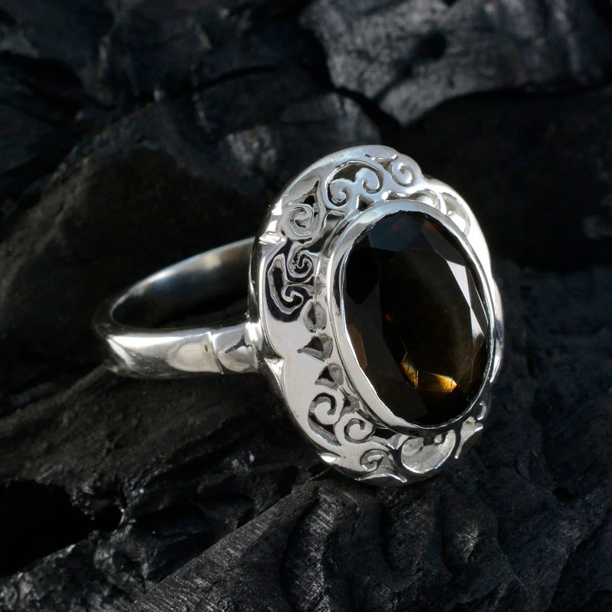 Smoky Quartz Solitaire Italian 925 Silver Brown Gems Edgy Filigree Ring Jewelry - Image 4