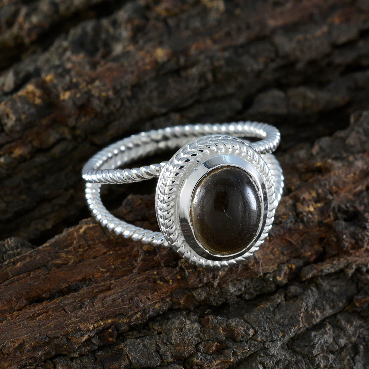Smoky Quartz Solitaire Latin American Sterling Silver Brown Gemstone Classic Rope-Wire Ring Jewelry - Image 3