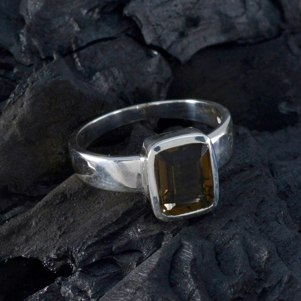 Smoky Quartz Solitaire Russian Silver Brown Gemstone Slim Contemporary Ring Jewelry - Image 4