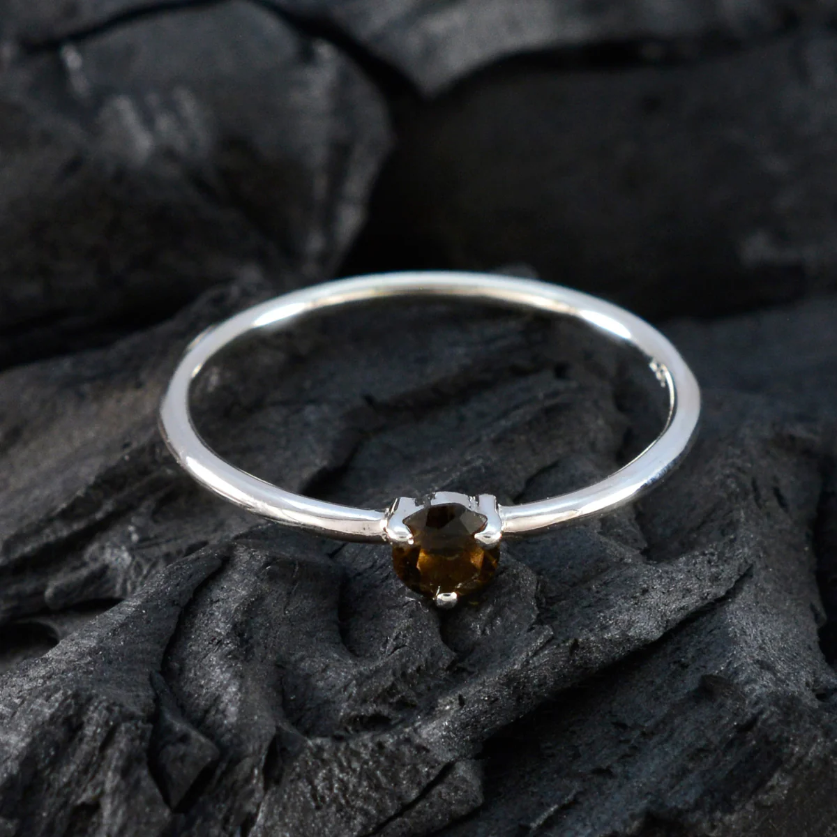 Smoky Quartz Solitaire Turkish Sterling Silver Brown Gemstones Minimalist Trendy Ring Jewelry - Image 4