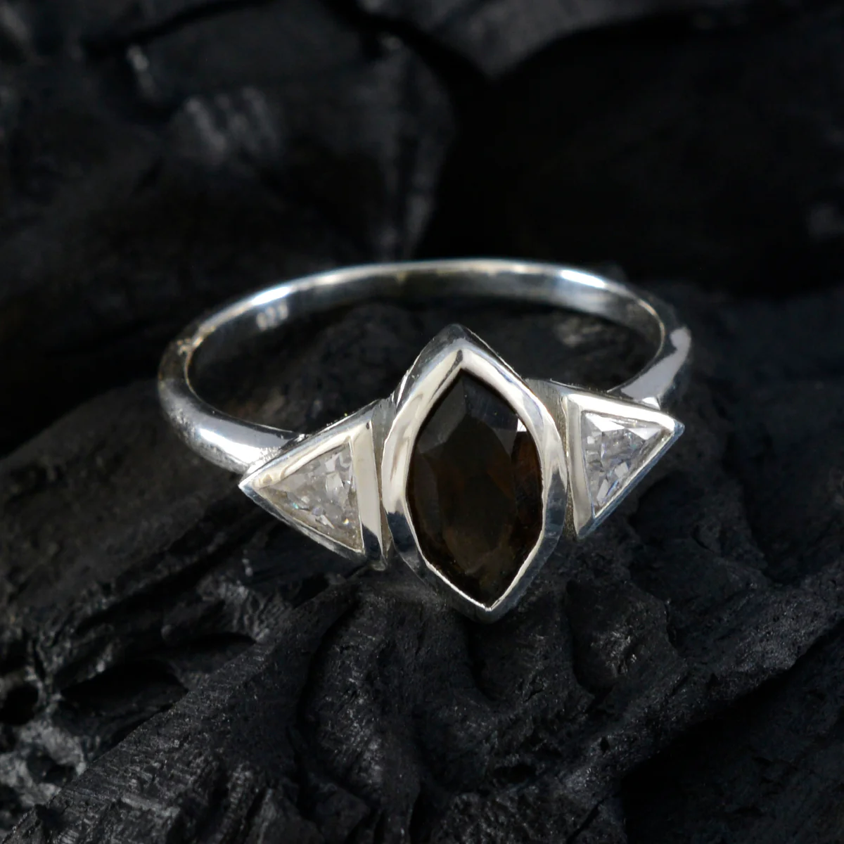 Smoky Quartz Trilogy Korean 92.5 Silver Brown Gemstones Whisper-thin Modern Ring Jewelry - Image 4