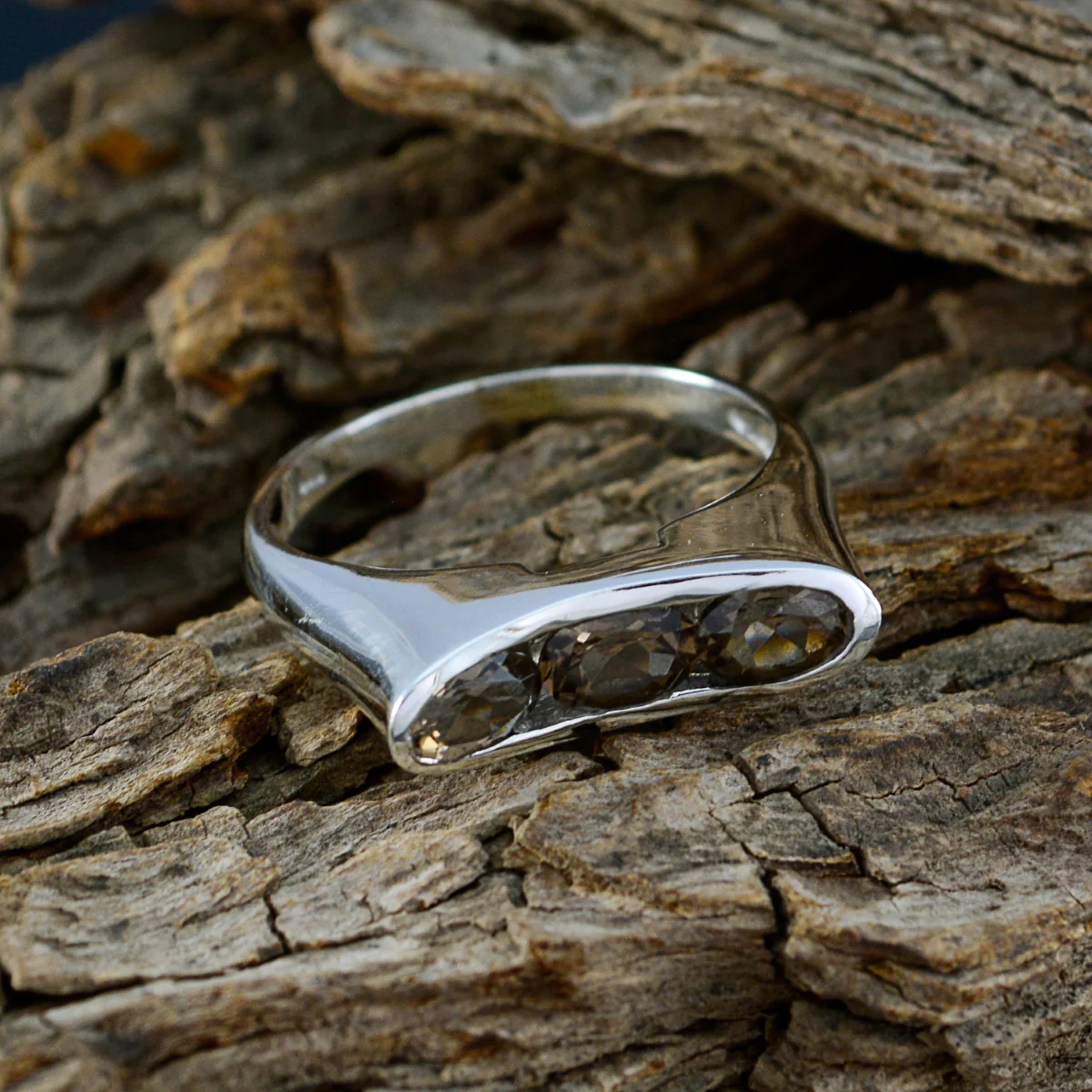 smoky quartz Trilogy Moroccan Sterling Silver Brown Gemstones Slim Feminine Ring Jewelry - Image 3