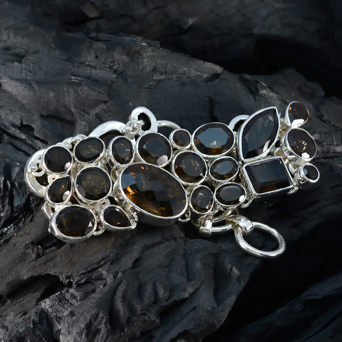 Smoky Quartz Valentine's Day Statement Brown Silver Links Bracelet - Image 5