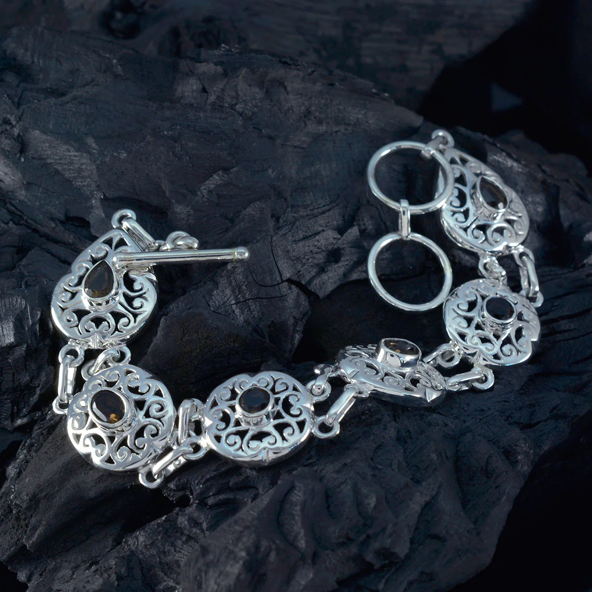 Smoky Quartz Womens Day Minimal Brown Silver Links Bracelet - Image 3