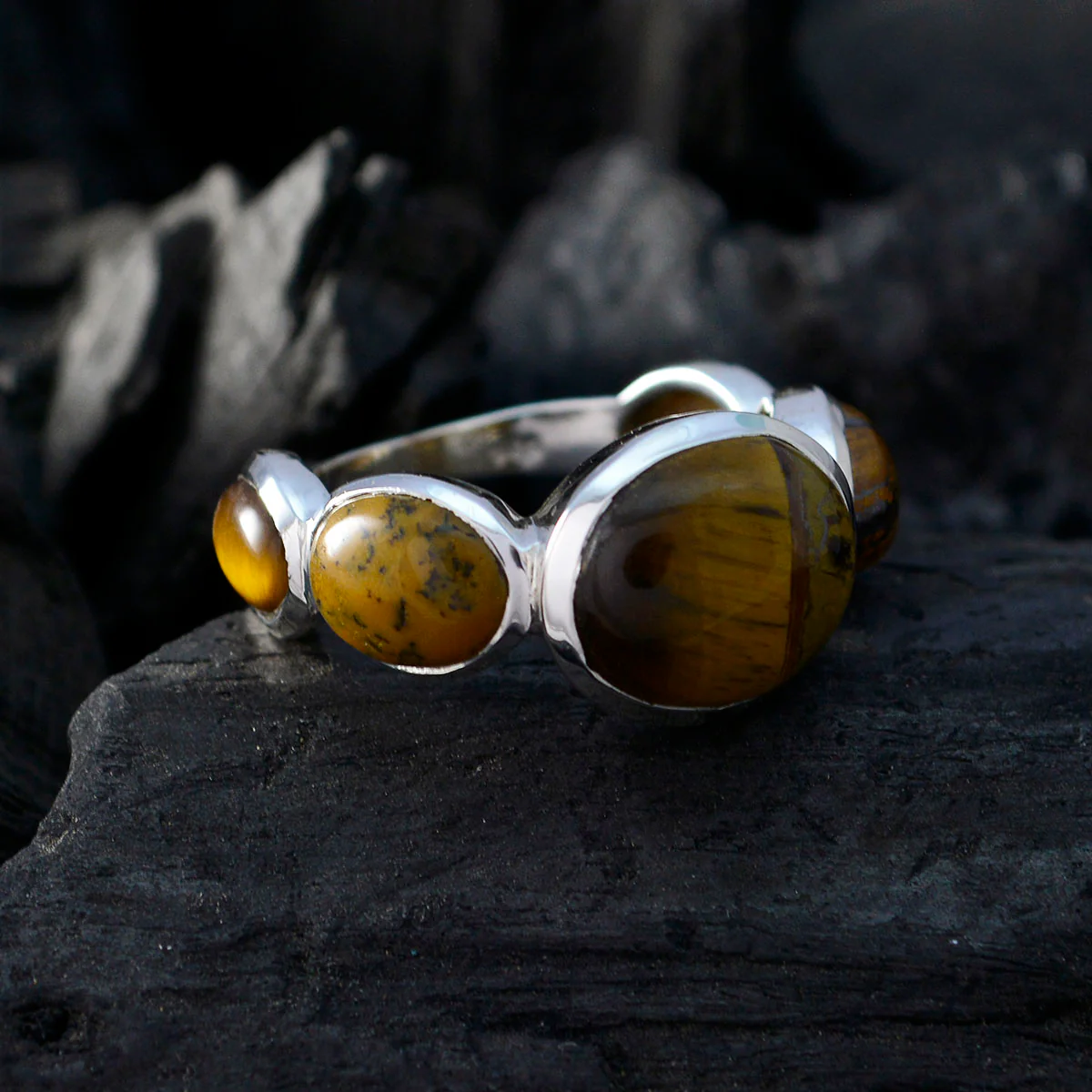 Tiger Eye Penta Russian Sterling Silver Brown Gems Slim Contemporary Ring Jewellery - Image 4