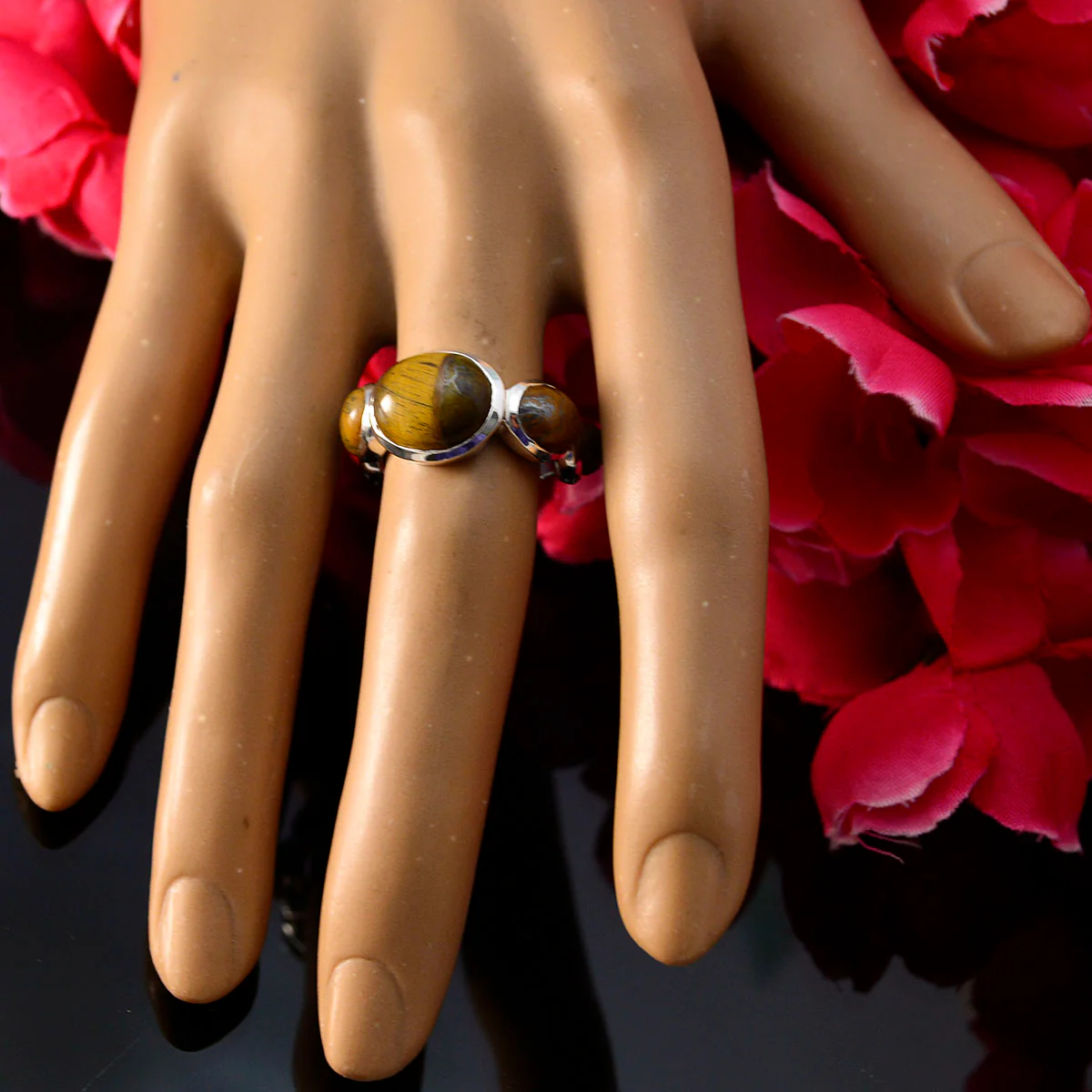 Tiger Eye Penta Russian Sterling Silver Brown Gems Slim Contemporary Ring Jewellery - Image 5