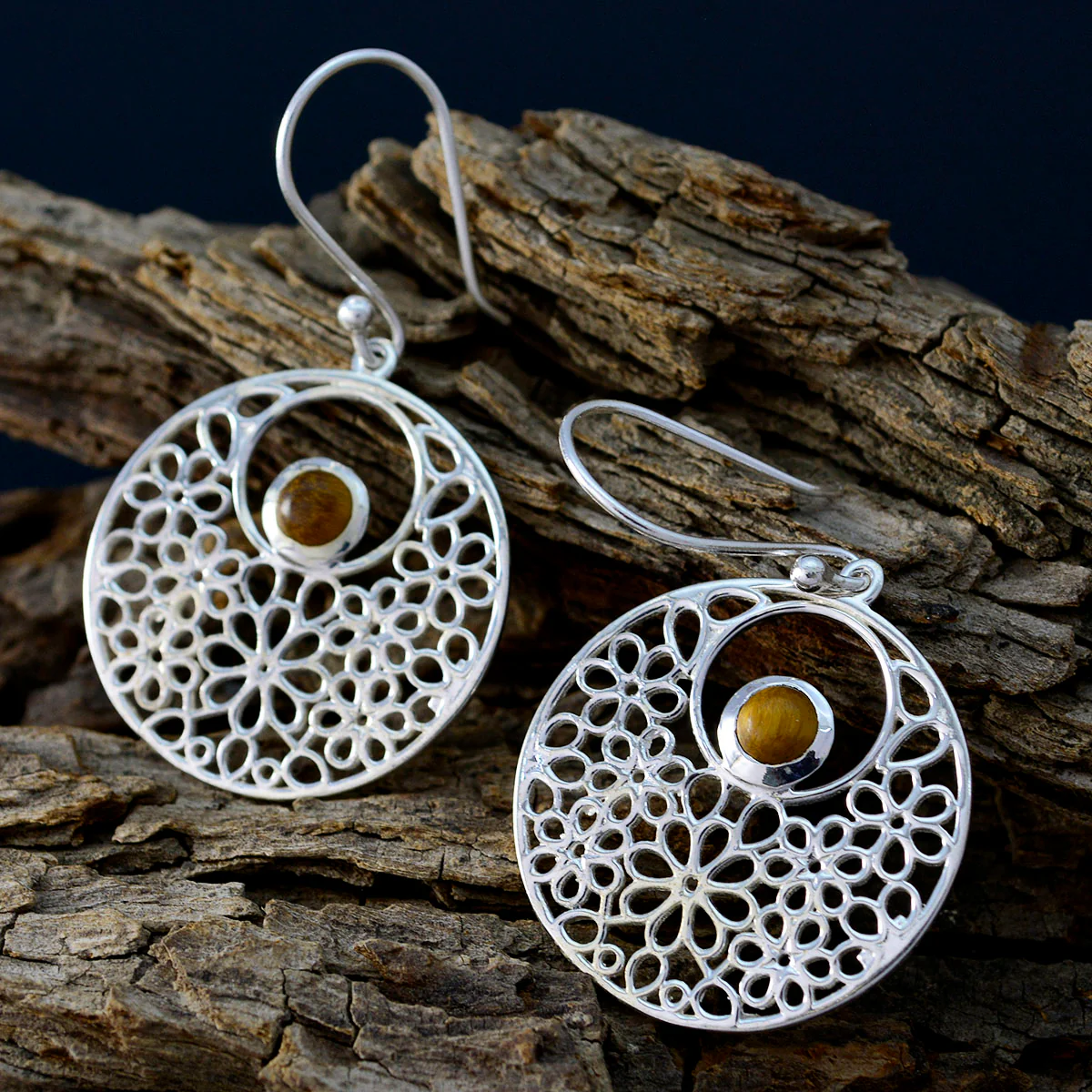 Tiger Eye Russian Agnes Solitaire Dangle Brown 92.5 Silver Earring - Image 3