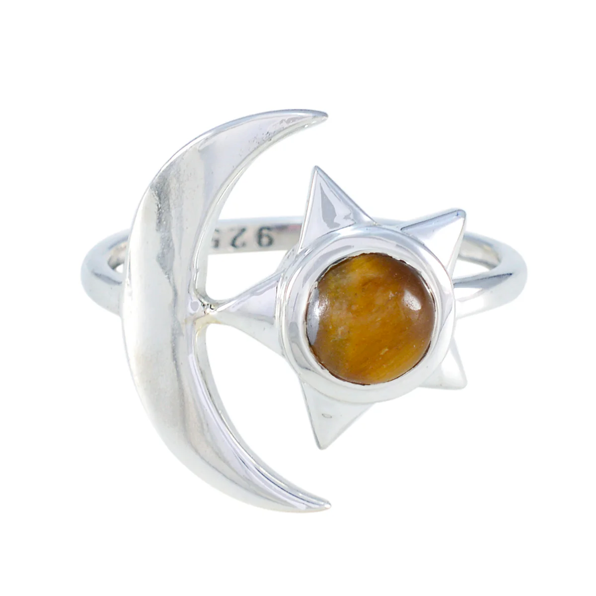 Tiger Eye Solitaire Indian Sterling Silver Brown Gemstones Slim Moon & Star Ring Jewellery