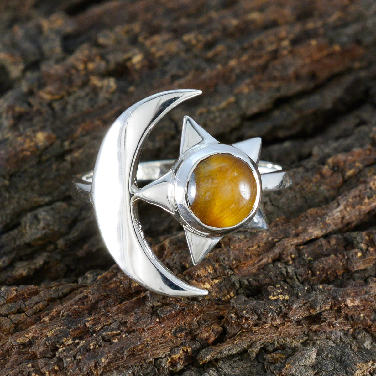Tiger Eye Solitaire Indian Sterling Silver Brown Gemstones Slim Moon & Star Ring Jewellery - Image 3
