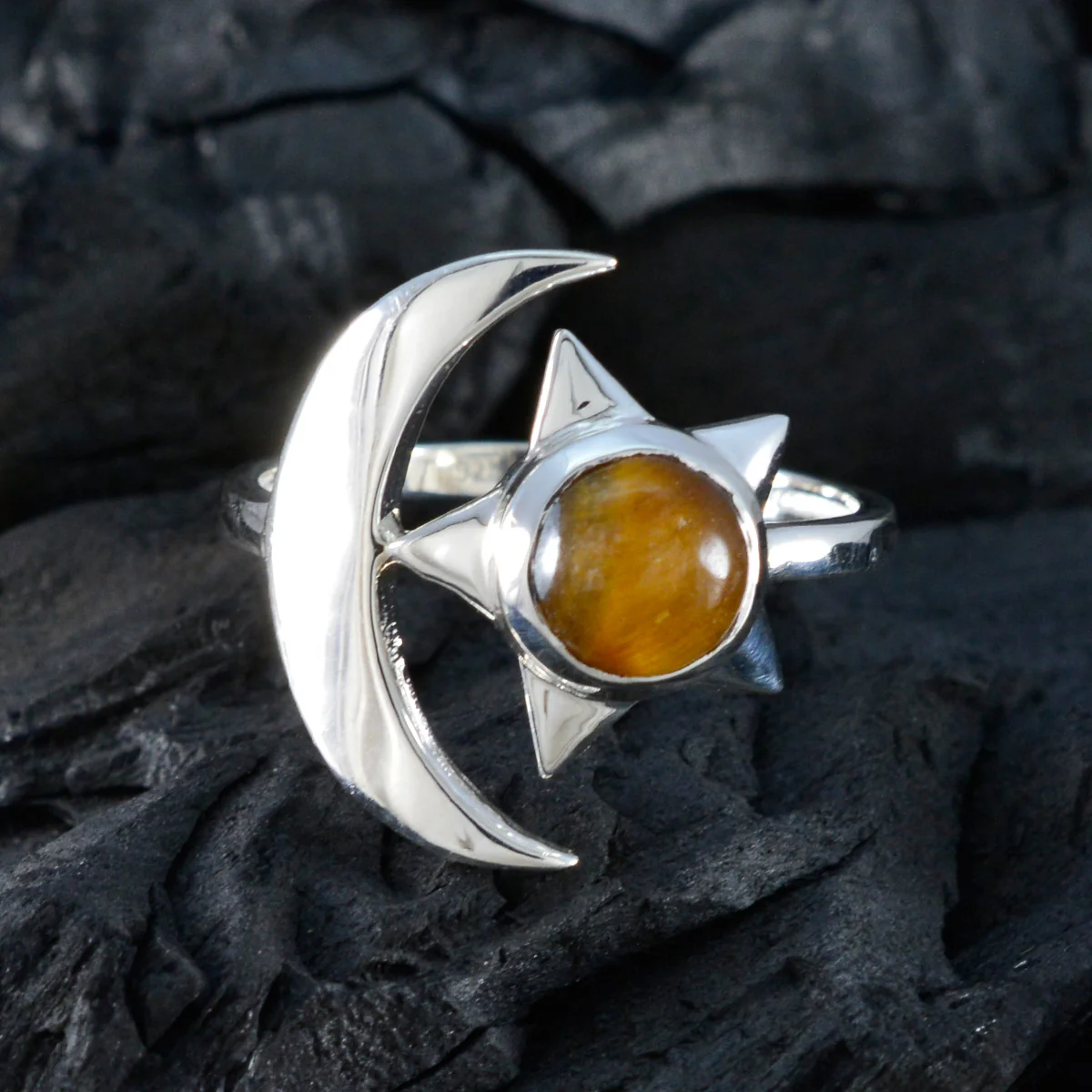 Tiger Eye Solitaire Indian Sterling Silver Brown Gemstones Slim Moon & Star Ring Jewellery - Image 4