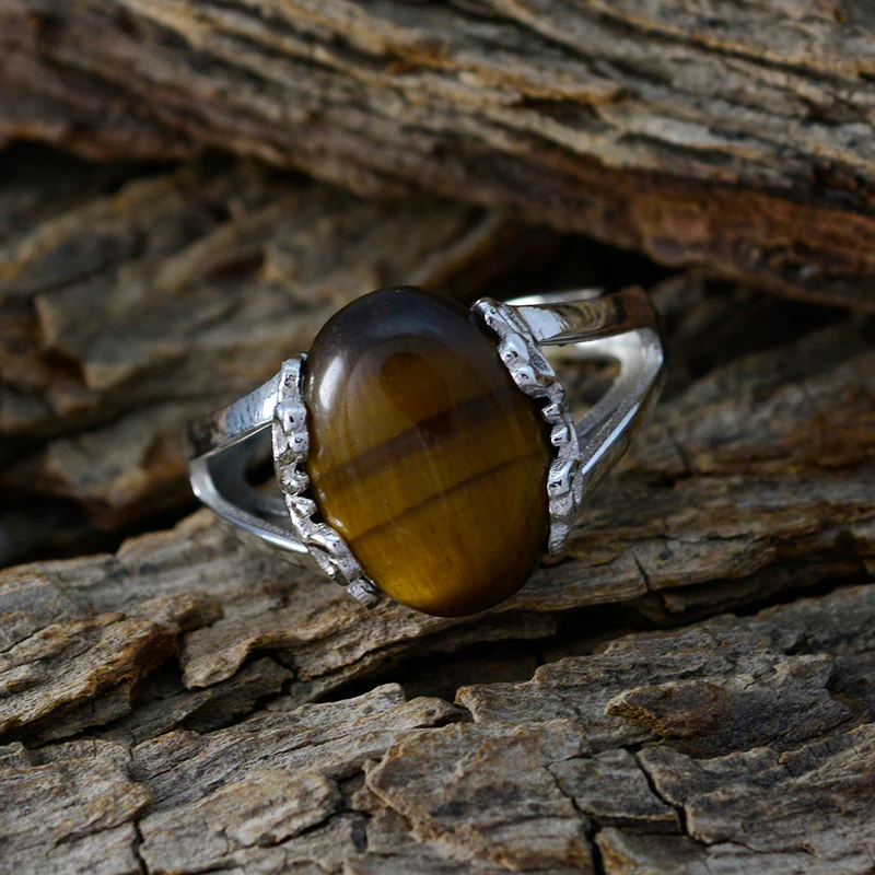 Tiger Eye Solitaire Russian Silver Brown Gems Classic Romantic Ring Jewelry - Image 3