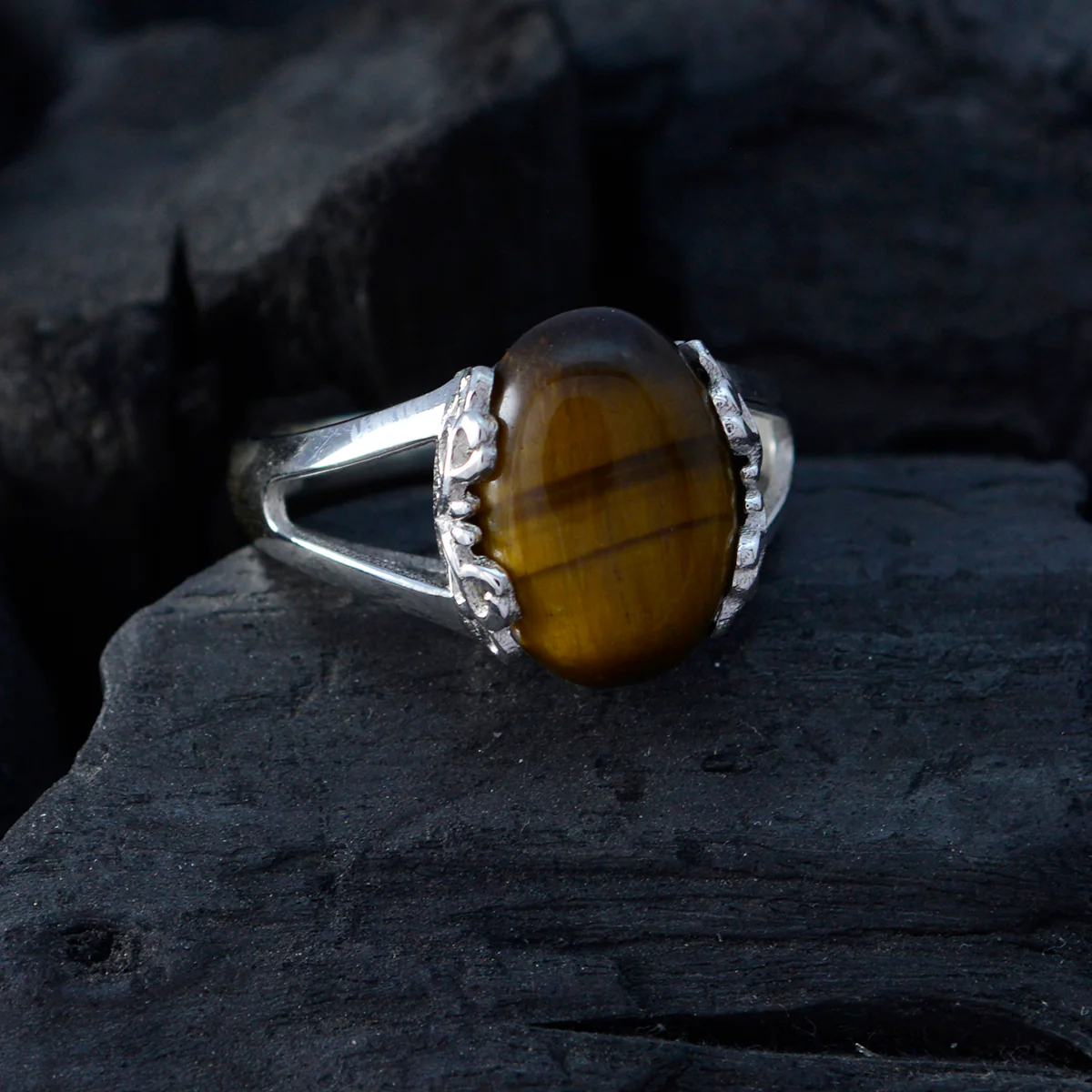 Tiger Eye Solitaire Russian Silver Brown Gems Classic Romantic Ring Jewelry - Image 4
