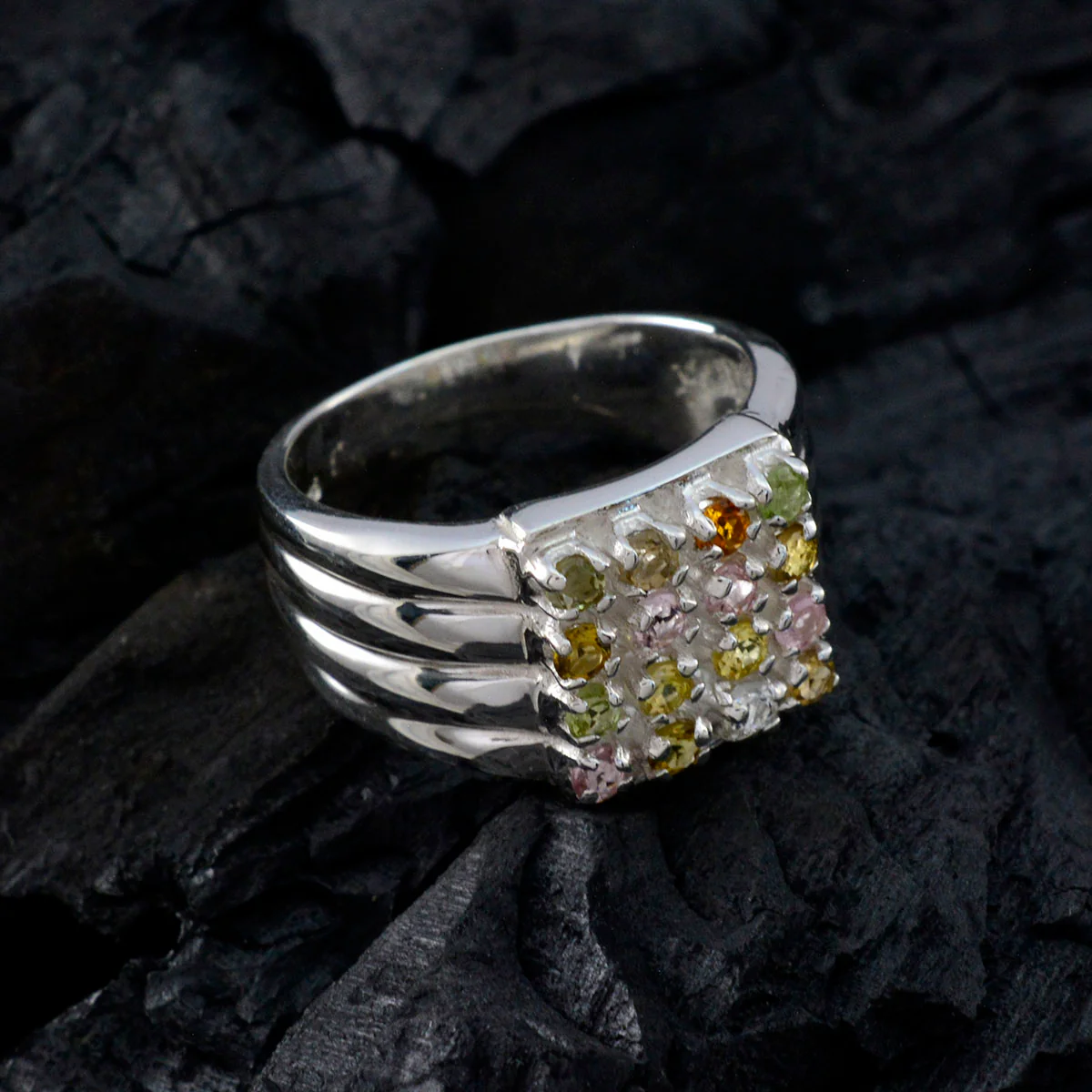 Tourmaline multiple French 925 Sterling Silver multicolor Gemstones Versatile Trendy Ring Jewellery - Image 5