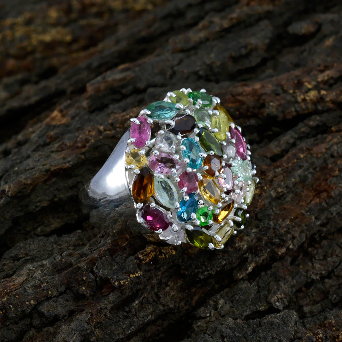 Tourmaline multiple French Silver multicolor Gemstone Statement Artisan Ring Jewelry - Image 3
