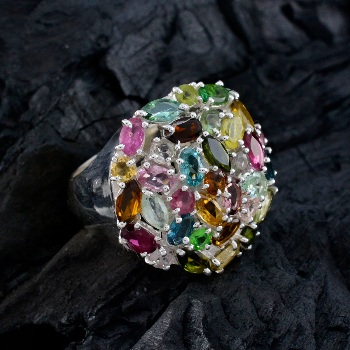 Tourmaline multiple French Silver multicolor Gemstone Statement Artisan Ring Jewelry - Image 4