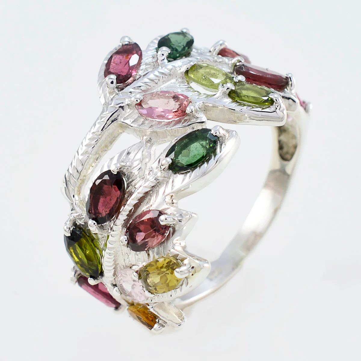 Tourmaline multiple French Sterling Silver multicolor Gemstones Eye-catching Abstract Ring Jewelry - Image 2