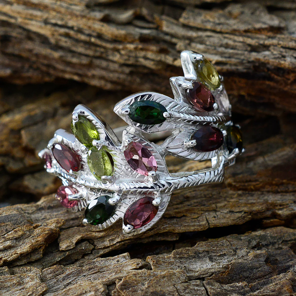 Tourmaline multiple French Sterling Silver multicolor Gemstones Eye-catching Abstract Ring Jewelry - Image 3