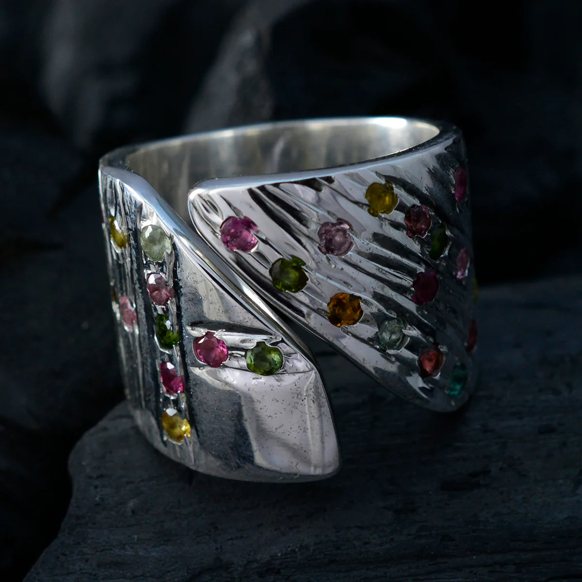 Tourmaline multiple German Sterling Silver multicolor Gemstone Chunky Retro Ring Jewelry - Image 4