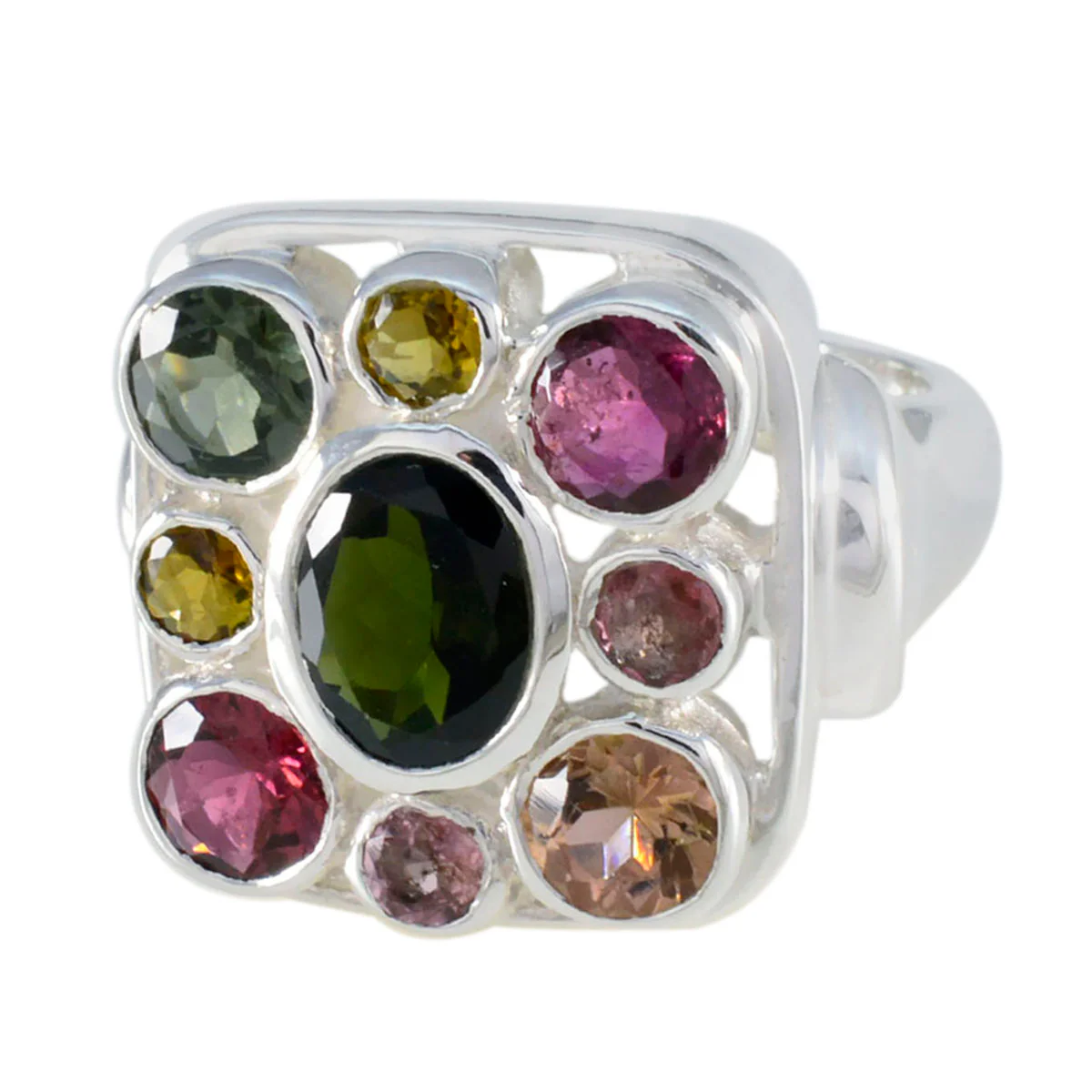 Tourmaline Navratna French Silver multicolor Gemstone Chunky Signet Ring Jewellery