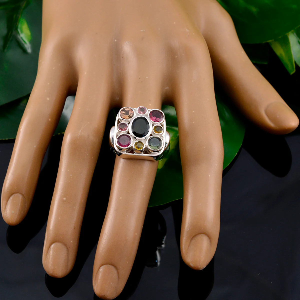 Tourmaline Navratna French Silver multicolor Gemstone Chunky Signet Ring Jewellery - Image 5