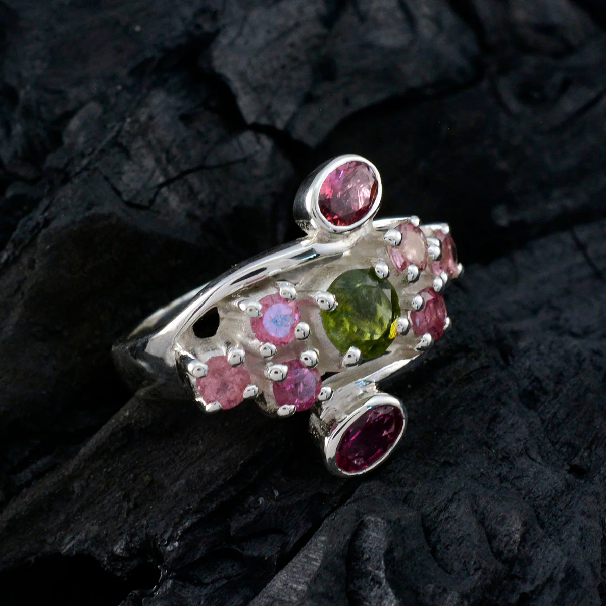 Tourmaline Navratna German 925 Silver multicolor Gems Edgy Contemporary Ring Jewellery - Image 5