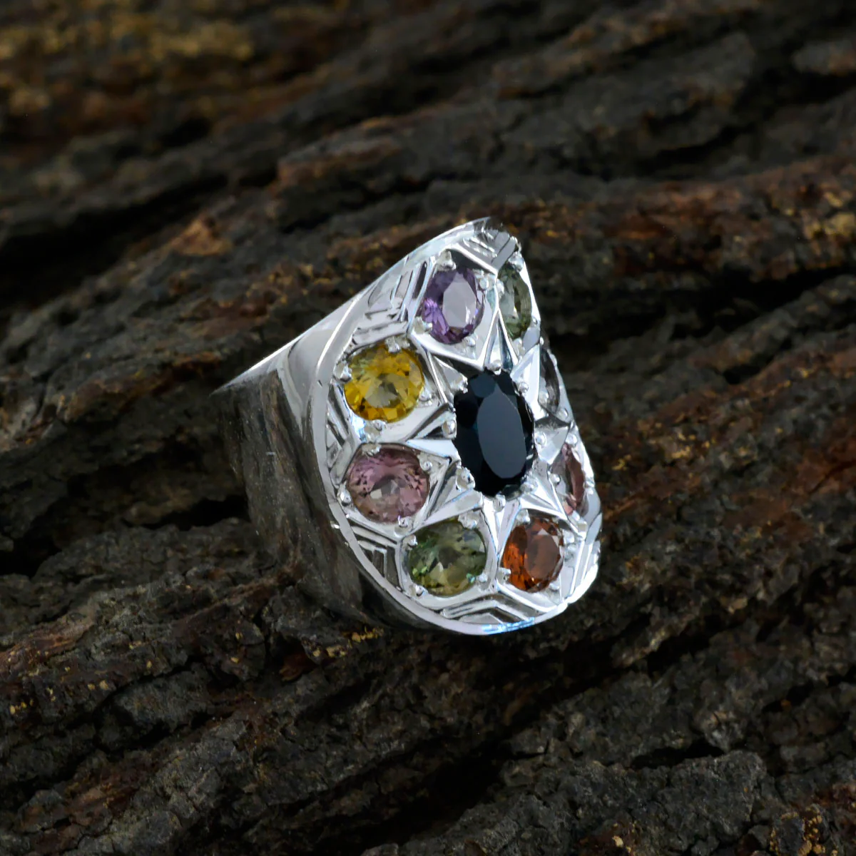 Tourmaline navratna Indian 925 Sterling Silver multicolor Gemstones Chunky Retro Ring Jewellery - Image 4