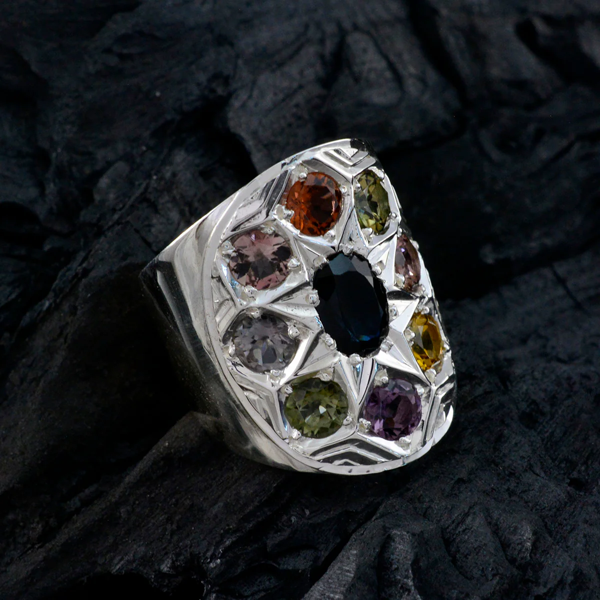 Tourmaline navratna Indian 925 Sterling Silver multicolor Gemstones Chunky Retro Ring Jewellery - Image 5