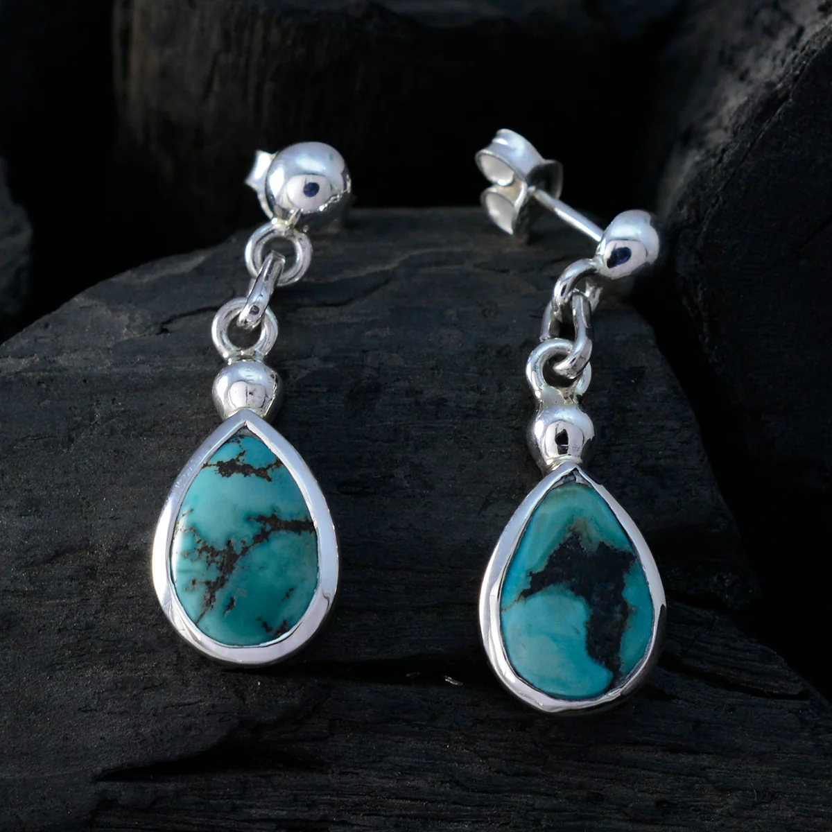Turquoise African Giulia Solitaire Stud Blue 925 Silver Earring - Image 3