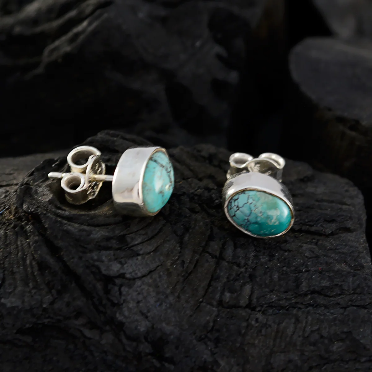 Turquoise German Genesis Solitaire Stud Blue Silver Earring - Image 3