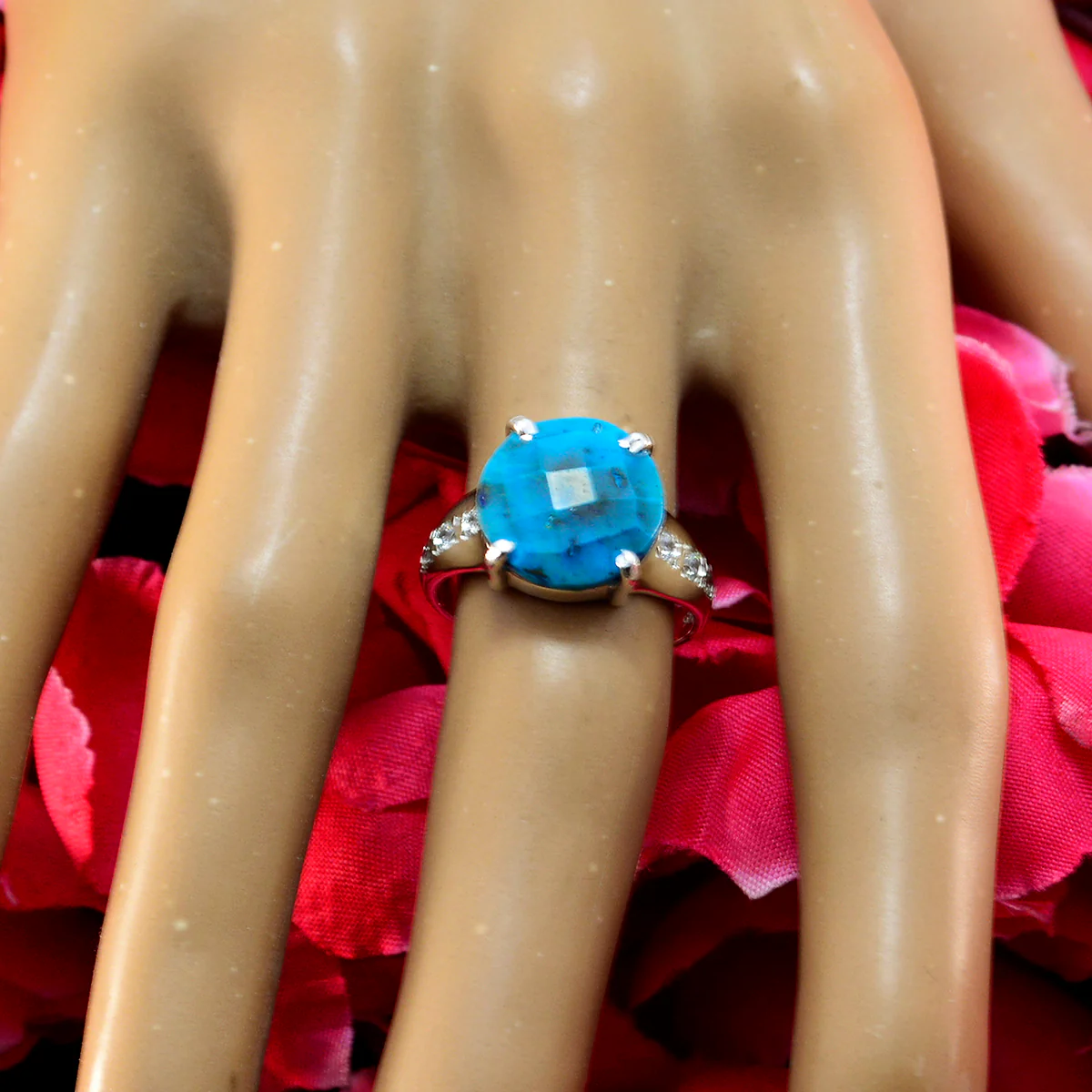 Turquoise Halo Moroccan Silver Blue Gemstones Slim Modern Ring Jewellery - Image 4