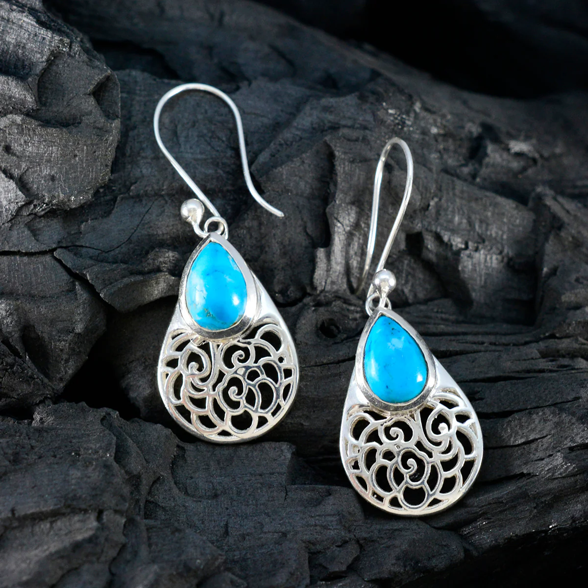 Turquoise Indian Lakshmi multiple Dangle Blue Silver Earring - Image 3