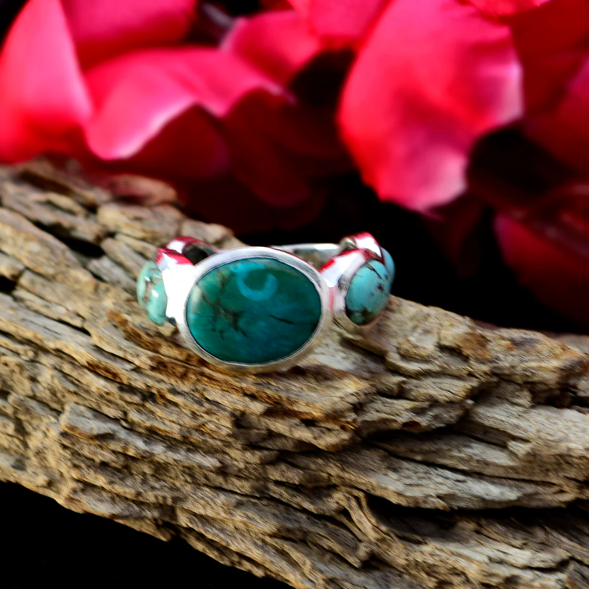 Turquoise Penta African Silver Blue Gemstones Tiny Cultural Ring Jewelry - Image 2