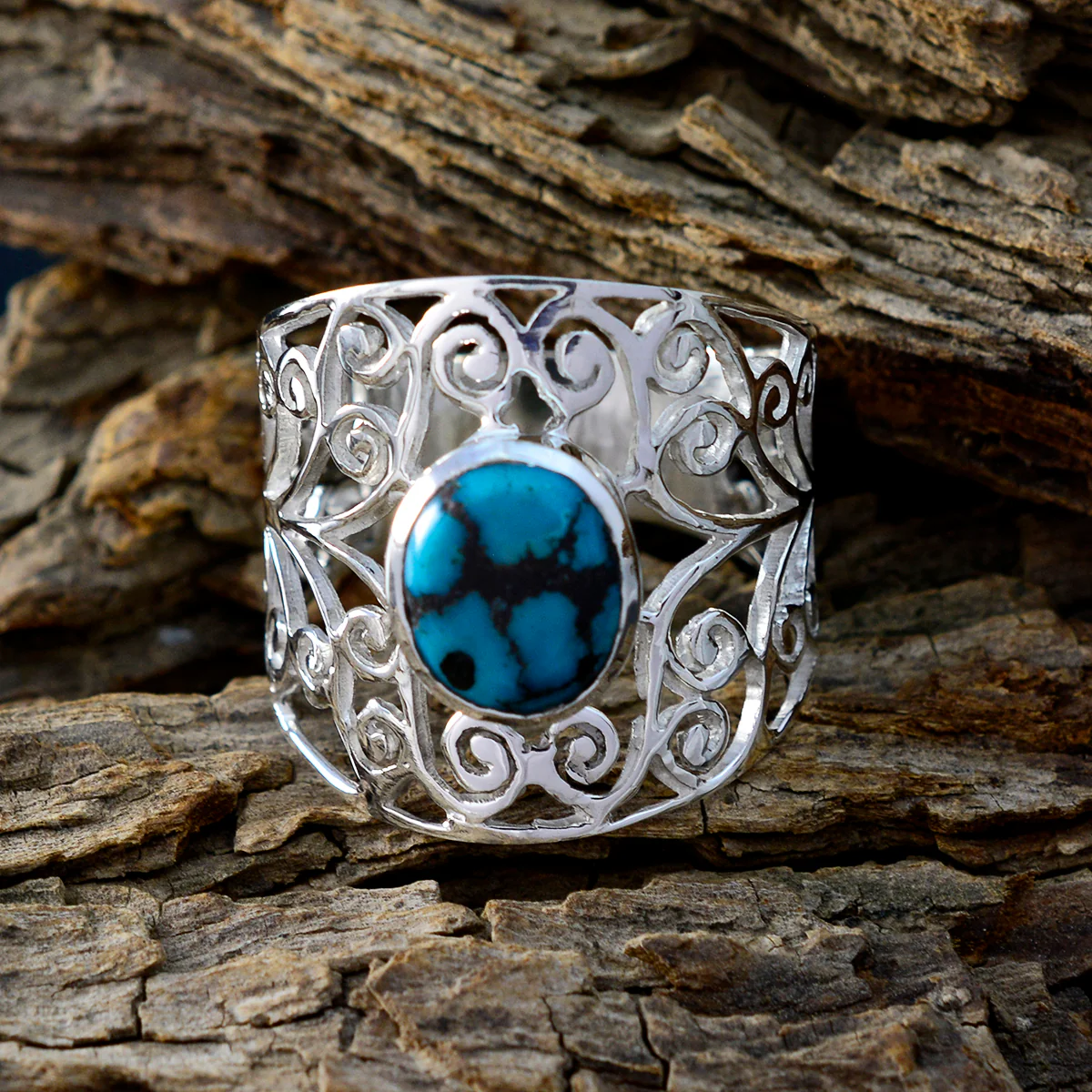 Turquoise Solitaire Australian 925 Sterling Silver Blue Gemstones Mid-weight Filigree Ring Jewelry - Image 3