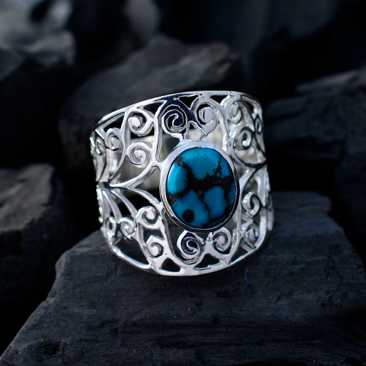 Turquoise Solitaire Australian 925 Sterling Silver Blue Gemstones Mid-weight Filigree Ring Jewelry - Image 4