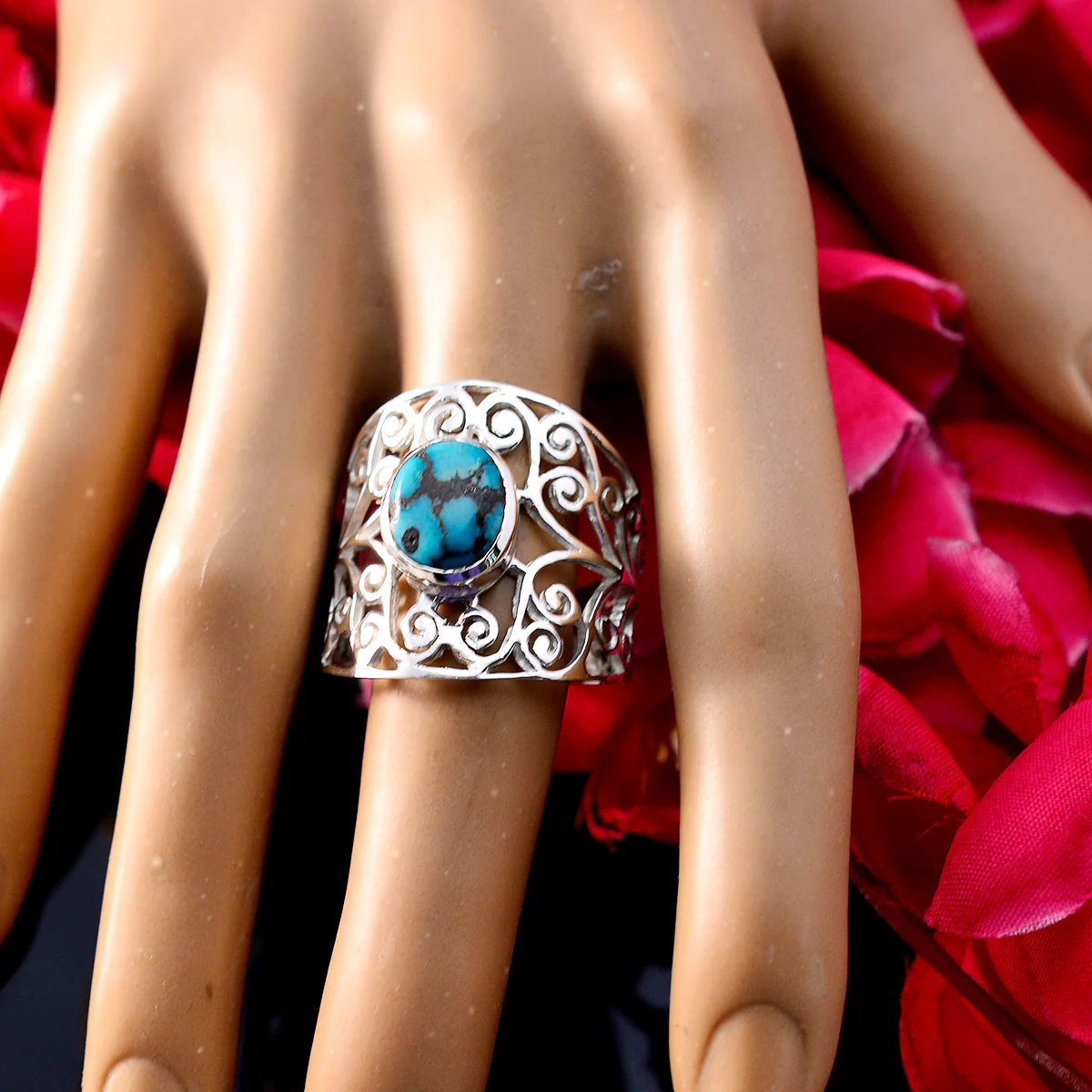 Turquoise Solitaire Australian 925 Sterling Silver Blue Gemstones Mid-weight Filigree Ring Jewelry - Image 5