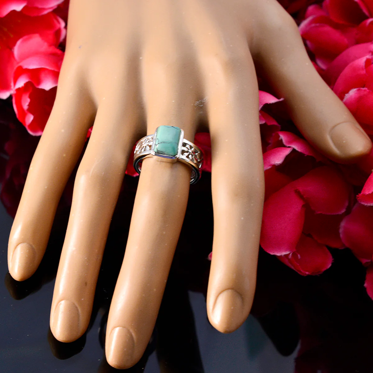 Turquoise Solitaire Egyptian 925 Silver Blue Gemstone Mid-weight Art Deco Band Jewelry - Image 3
