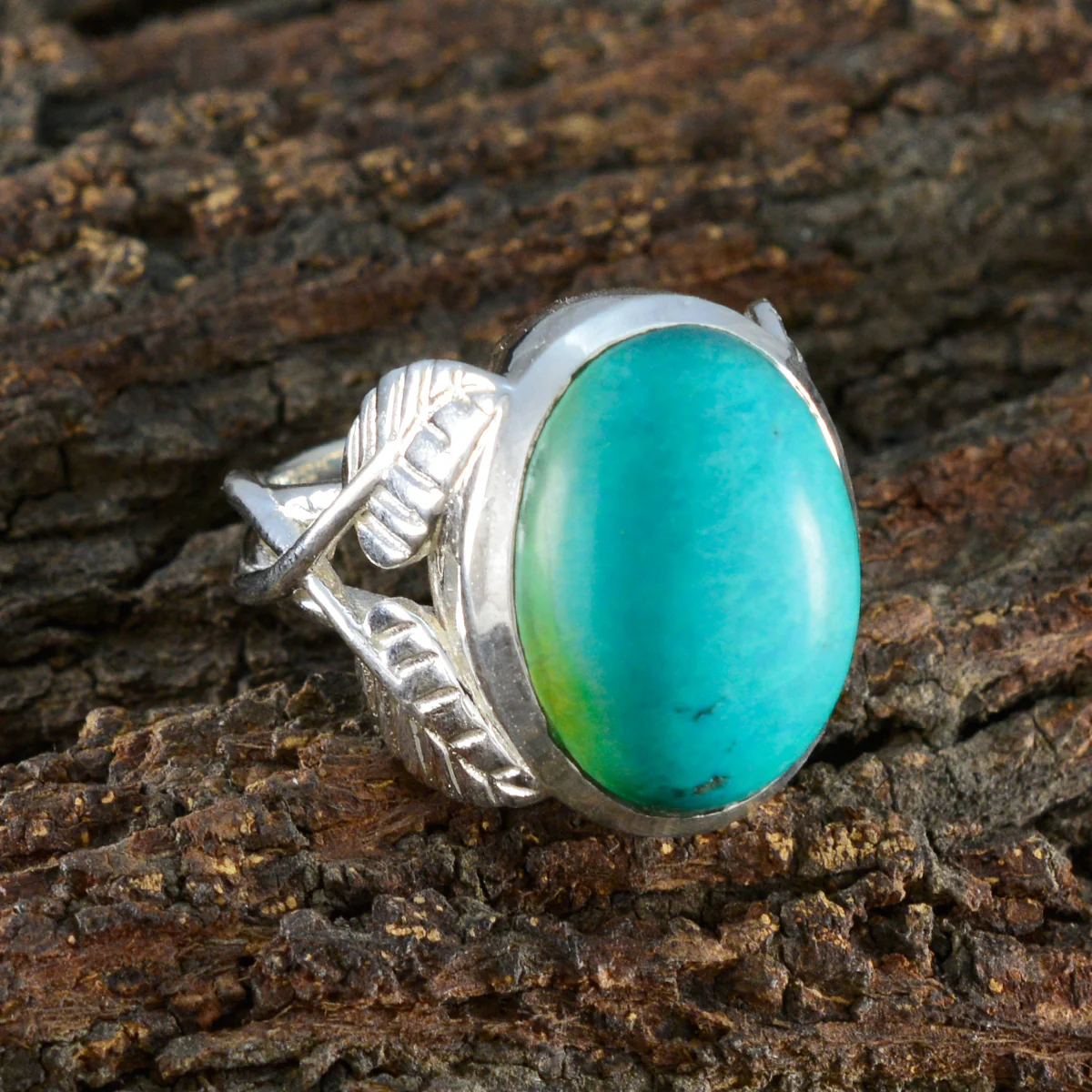 Turquoise Solitaire French 92.5 Silver Blue Gemstone Statement Leafy Ring Jewelry - Image 4