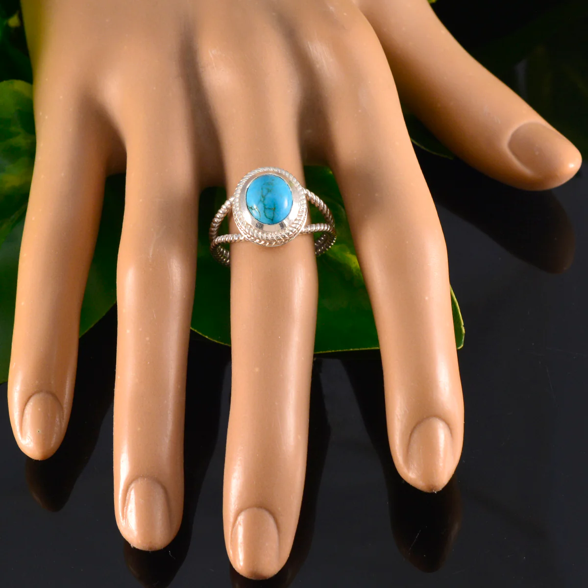 Turquoise Solitaire Italian 925 Silver Blue Gemstones Classic Rope-Wire Ring Jewellery - Image 5
