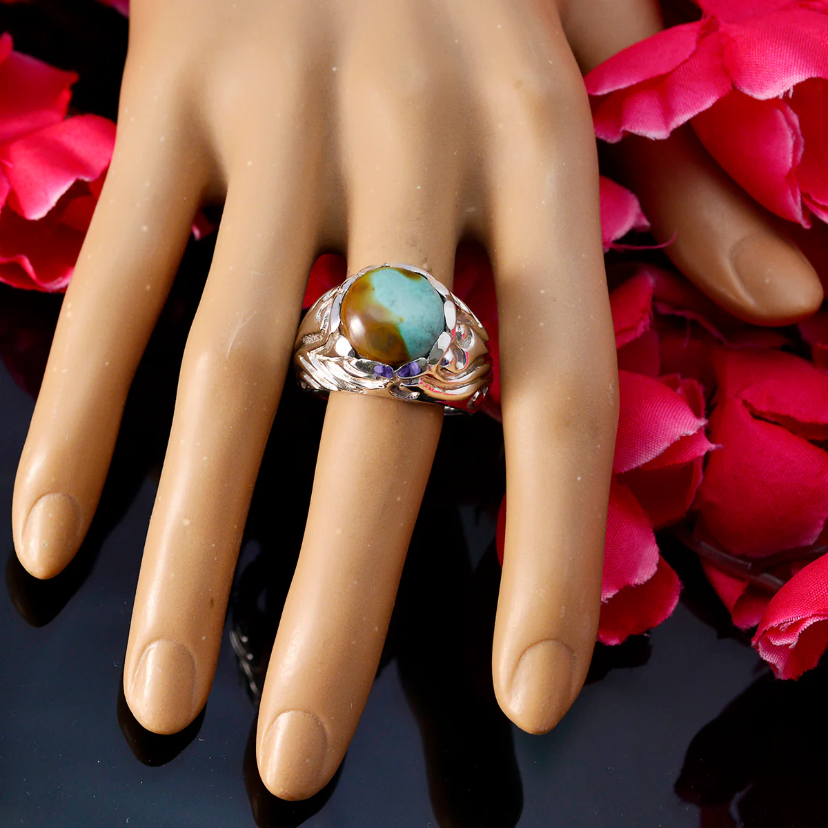 Turquoise Solitaire Moroccan 925 Sterling Silver Blue Gems Chunky Contemporary Ring Jewelry - Image 5