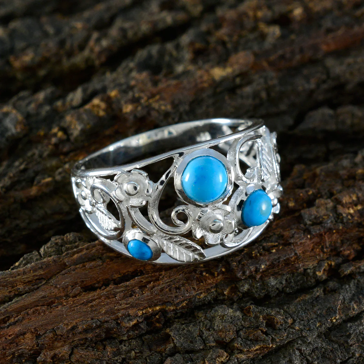 Turquoise Trilogy Moroccan 925 Silver Blue Gems Slim Abstract Ring Jewellery - Image 4